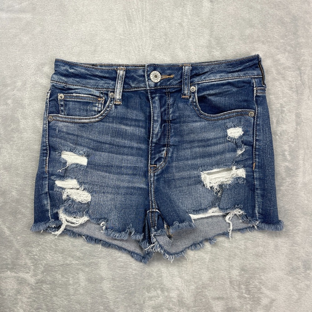 American Eagle Shorts Womens 6 Blue Denim Shortie Stretch High-Rise Distressed